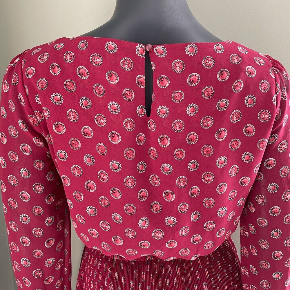Elle Pink Pleated Dress Long Sleeve Jewel Print strawberry Pink XS - Picture 10 of 13